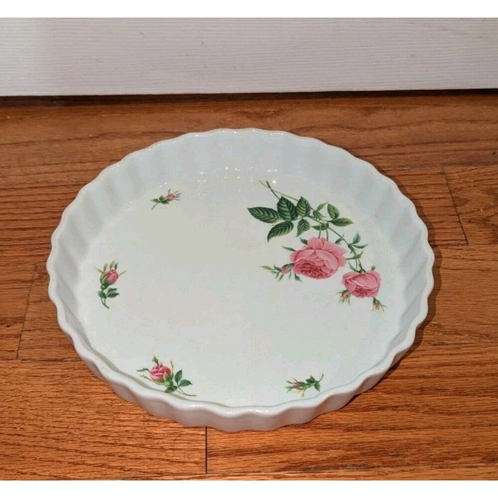 Vintage Cottagecore 9.5" Ceramic Pie Plate Pink Floral Farmhouse Christine Holm